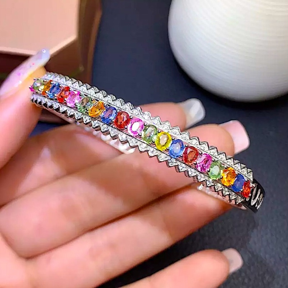 Vintage Natural Multicolor Sapphire Bangle Bracelet - Picture 1 of 6